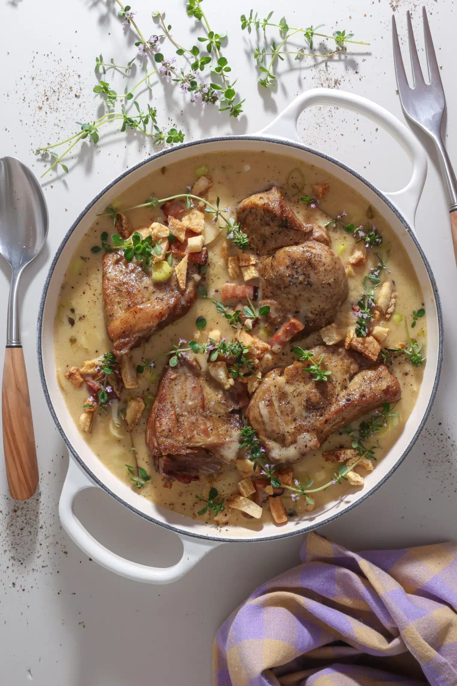 Braised Pork Neck with Apple Cider, Bacon, and Leeks — high-protein recipe photo