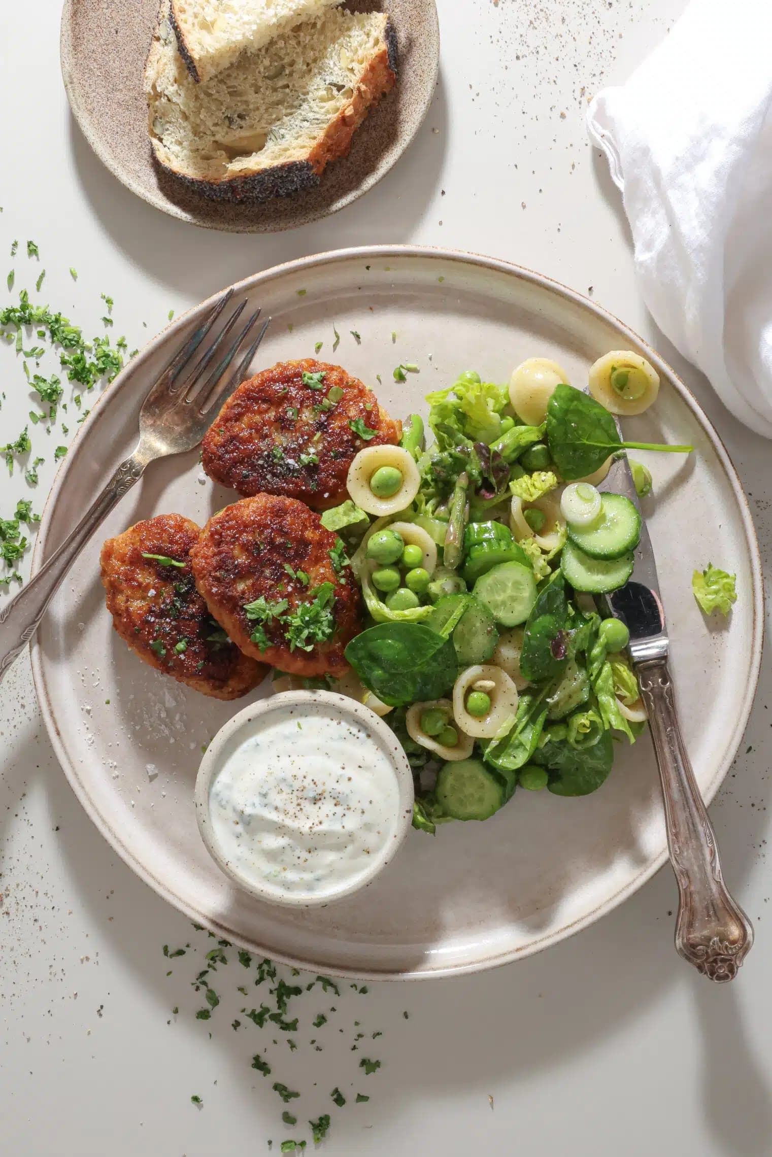 Chicken Meatballs with Green Pasta Salad and Herb Dressing — high-protein recipe photo