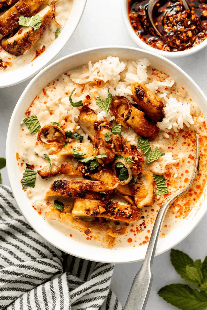 Lemongrass Broth Bowls with Yellow Curry Chicken — high-protein recipe photo
