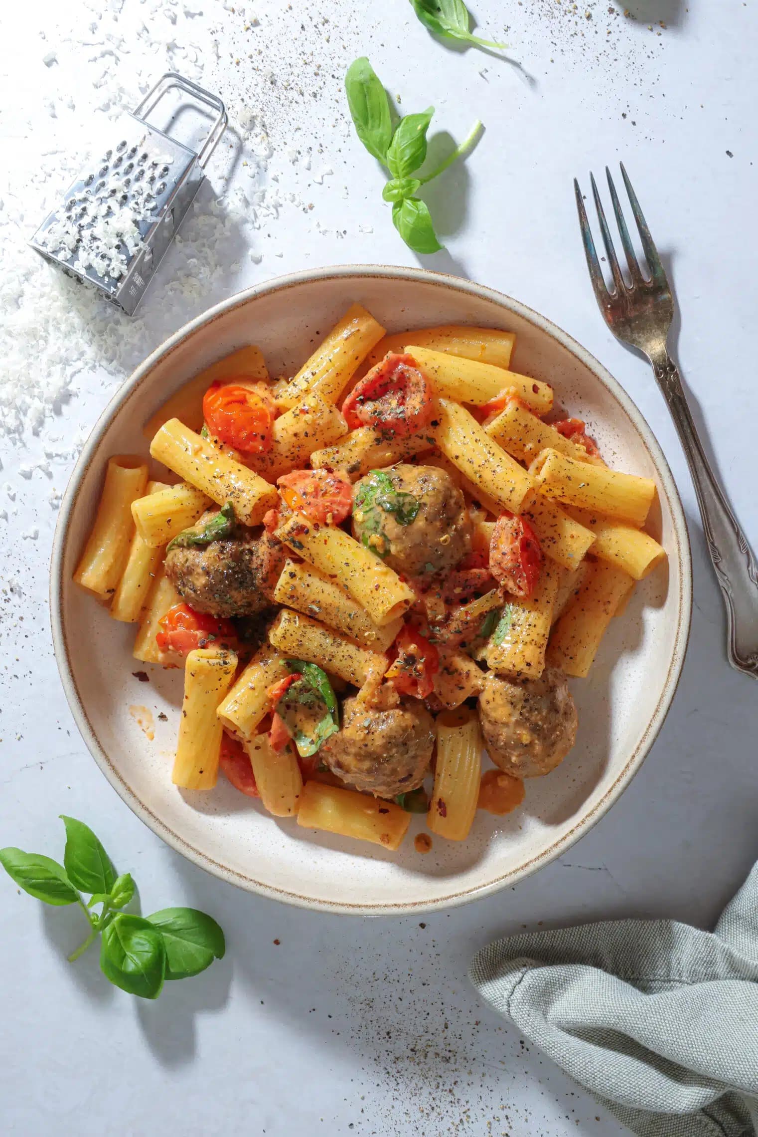 Pasta with Meatballs, Fresh Tomatoes, and Cream — high-protein recipe photo