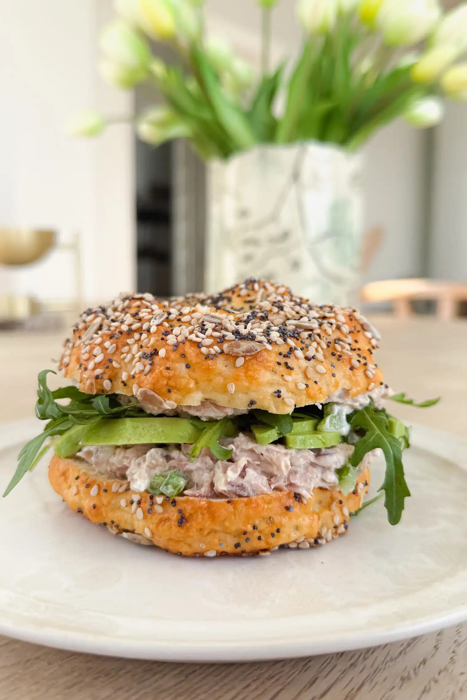 Protein Bagels with Healthier Tuna Salad and Avocado — high-protein recipe photo